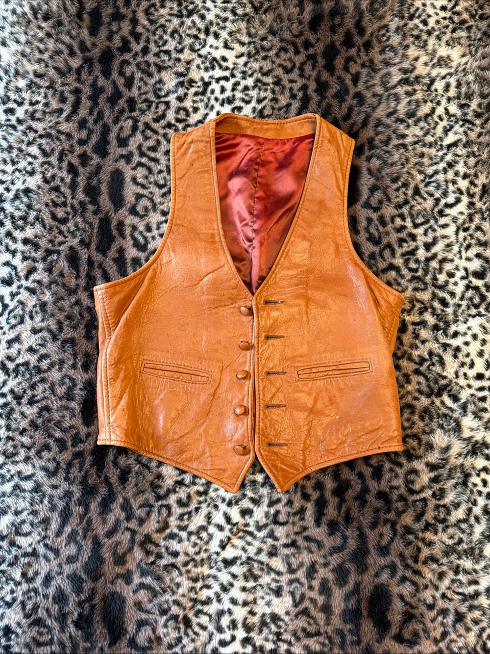 Brown Leather 5 Button Vest beautiful RARE Auburn SATIN lined Leather Vintage - Picture 2 of 14